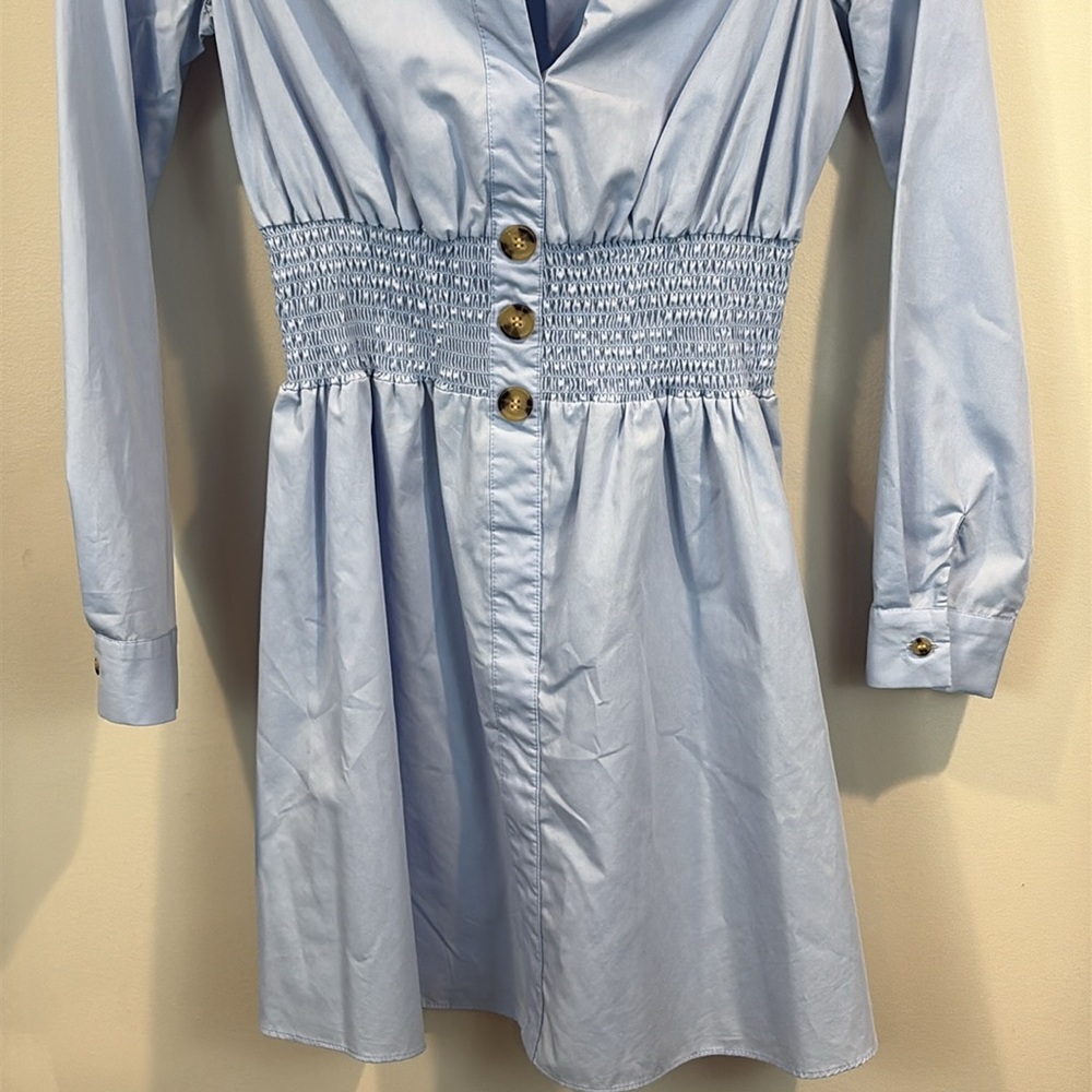 River Island Blue Cotton Blend Long Sleeve Elastic Waist Mini Shirt Dress Size 2 - Picture 4 of 7